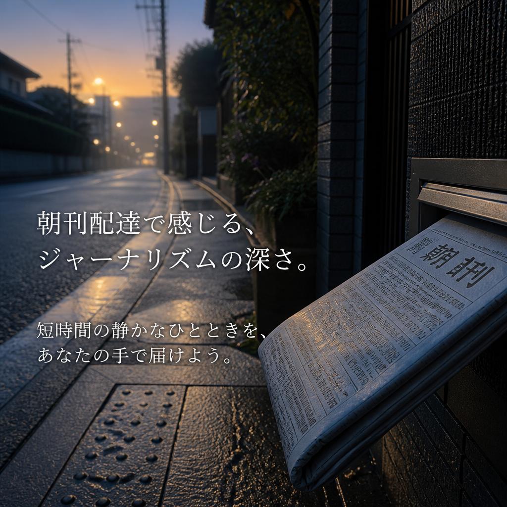 朝刊配達で感じるジャーナリズムの深さ。短時間の静かなひとときを、あなたの手で届けよう。